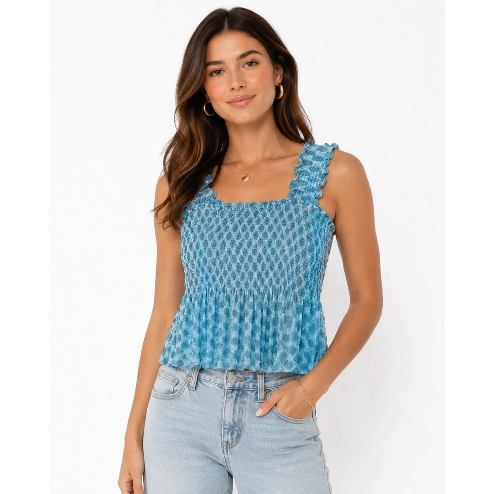 JANE + DELANCEY Smocked Peplum‎ Tank Top Women L Blue Medallion Boho Sleeveless